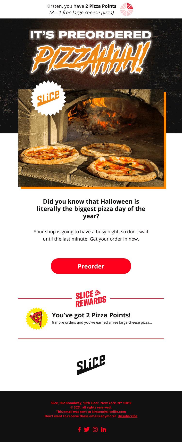 Promo hero for a pizza preorder: three pizzas on a stone oven with a wood-fire oven in the background and an orange border, plus bold 'It's Preordered PIZZAHHH!' text.