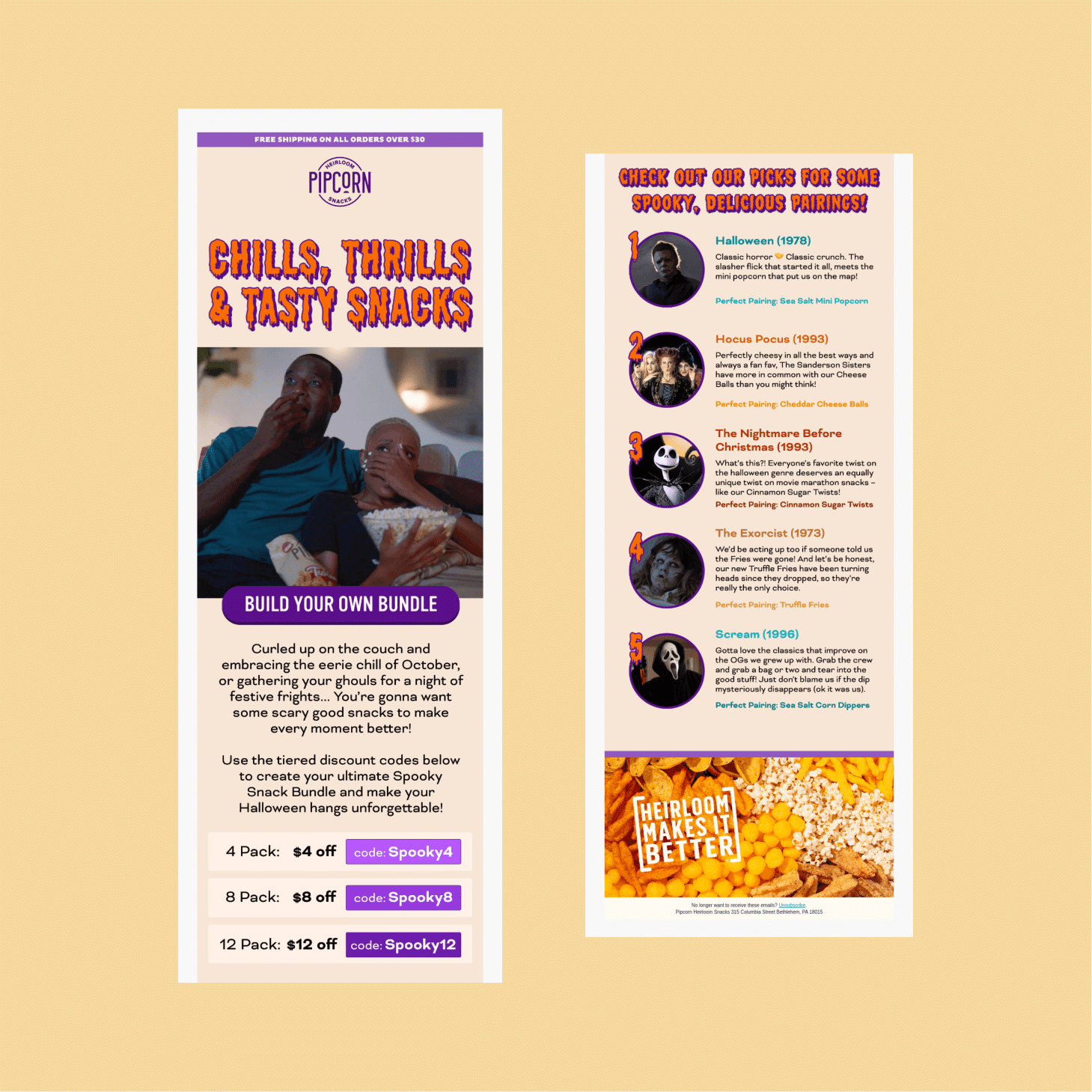 Two vertical promo panels on a beige background: left panel advertises 'Chills, Thrills & Tasty Snacks' with a couple watching popcorn and a 'Build Your Own Bundle' CTA; right panel lists Halloween snack pairings with numbered picks and images.