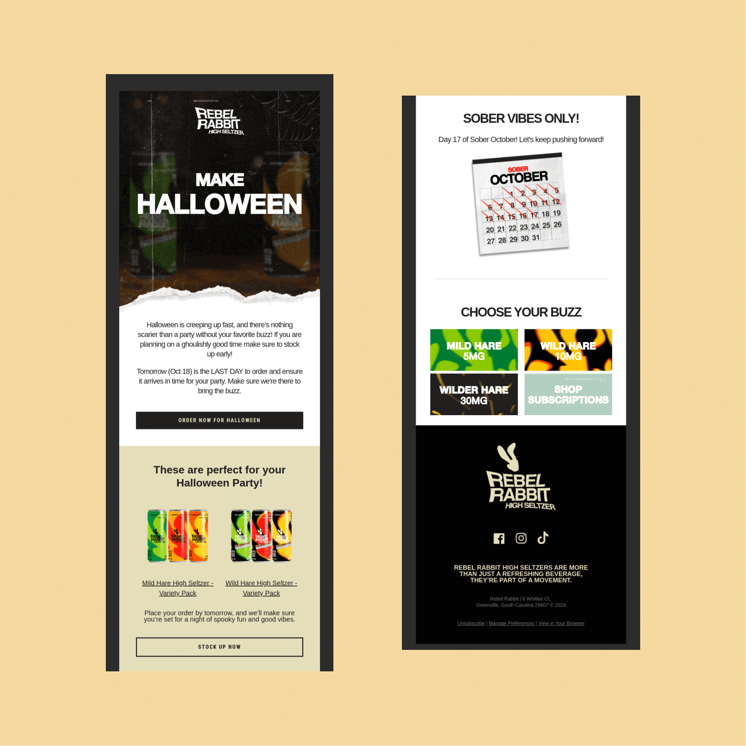 Two vertical promotional emails side by side on a beige background; left email features a Halloween sale with bold MAKE HALLOWEEN text and a CTA, right email highlights Sober Vibes October with a calendar image and &ldquo;Choose Your Buzz&rdquo; section.