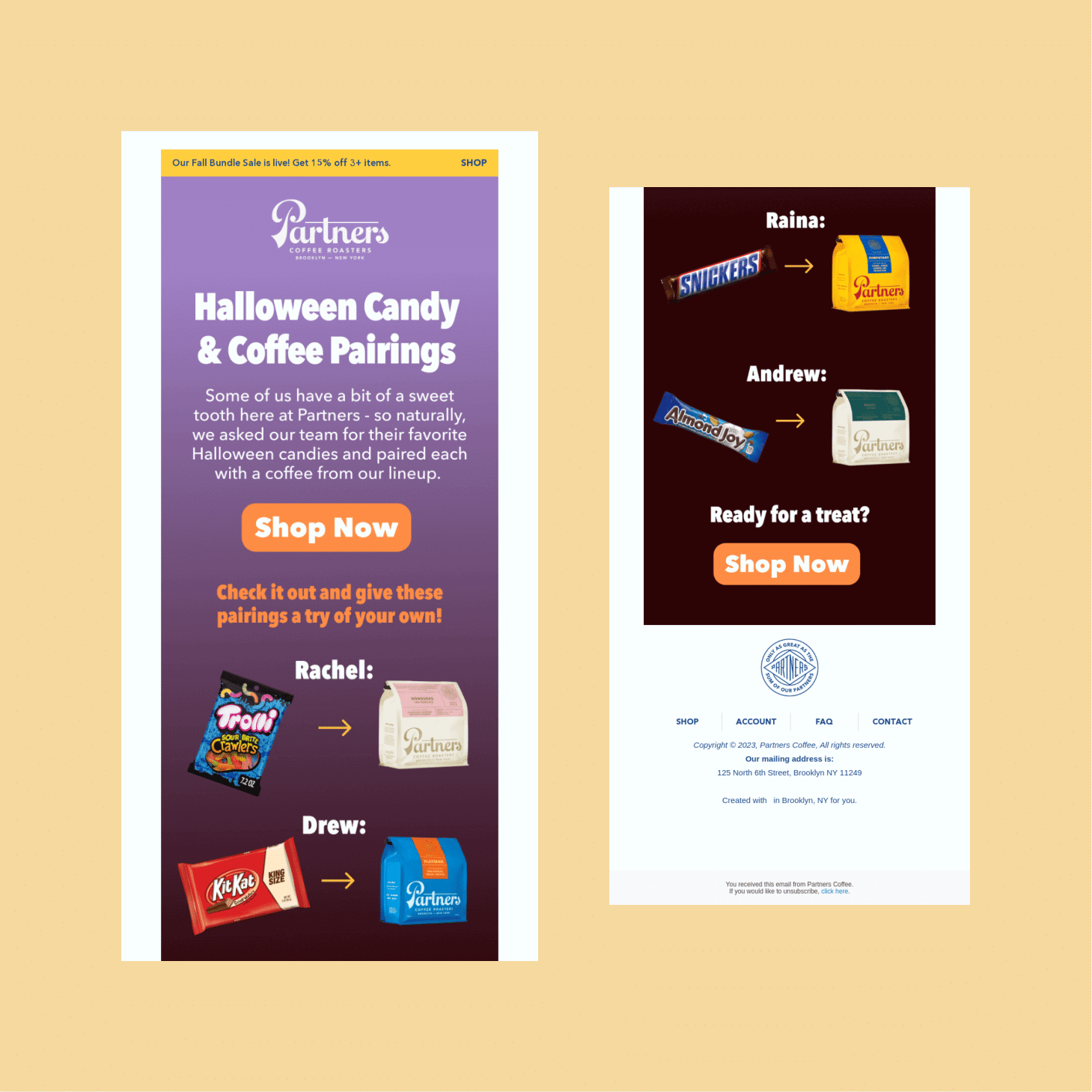 Two vertical posters: left purple Halloween Candy & Coffee Pairings ad with 'Shop Now'; right dark candy-pairing ad also with 'Shop Now'.