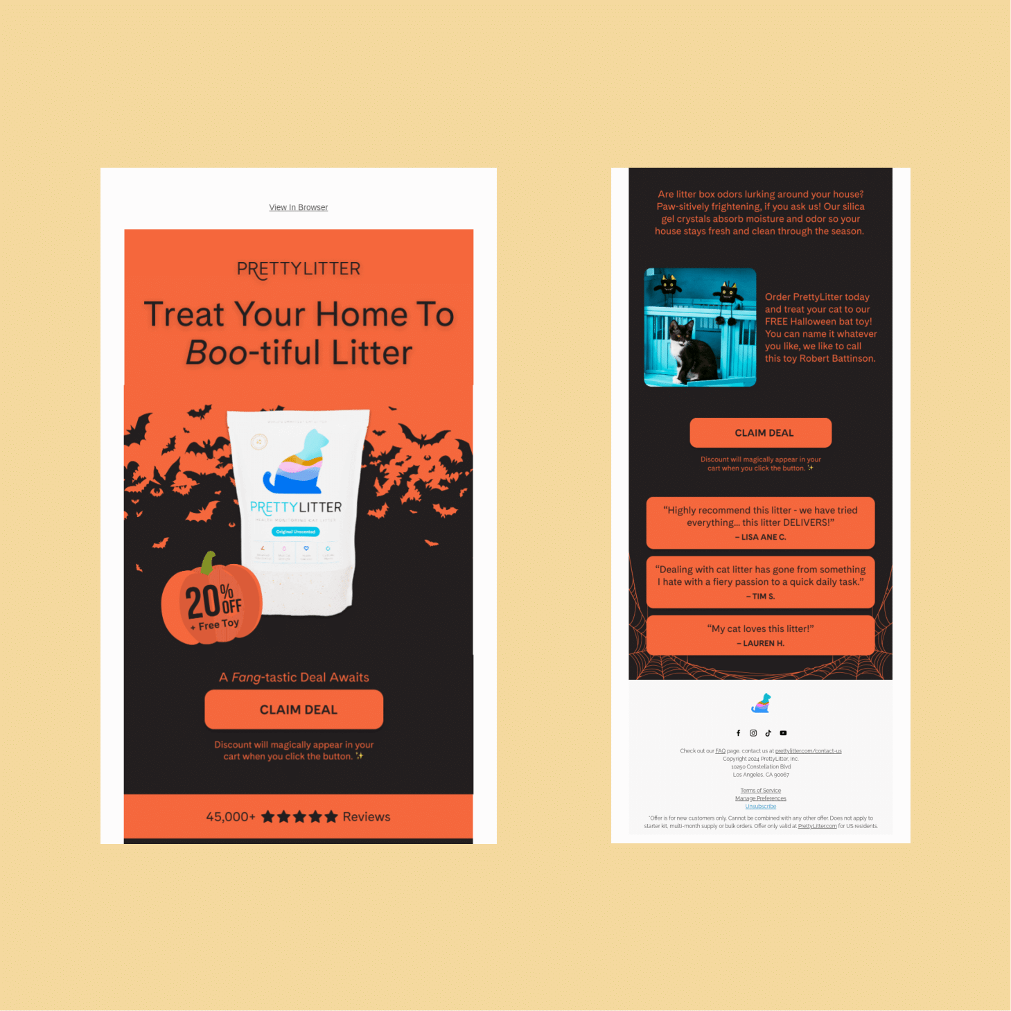 Two vertical promotional banners for PrettyLitter on a beige background: left shows orange gradient with litter bag, 'Treat Your Home To Boo-tiful Litter' and 20% off; right shows a dark ad with product image, a orange 'CLAIM DEAL' button and quotes.