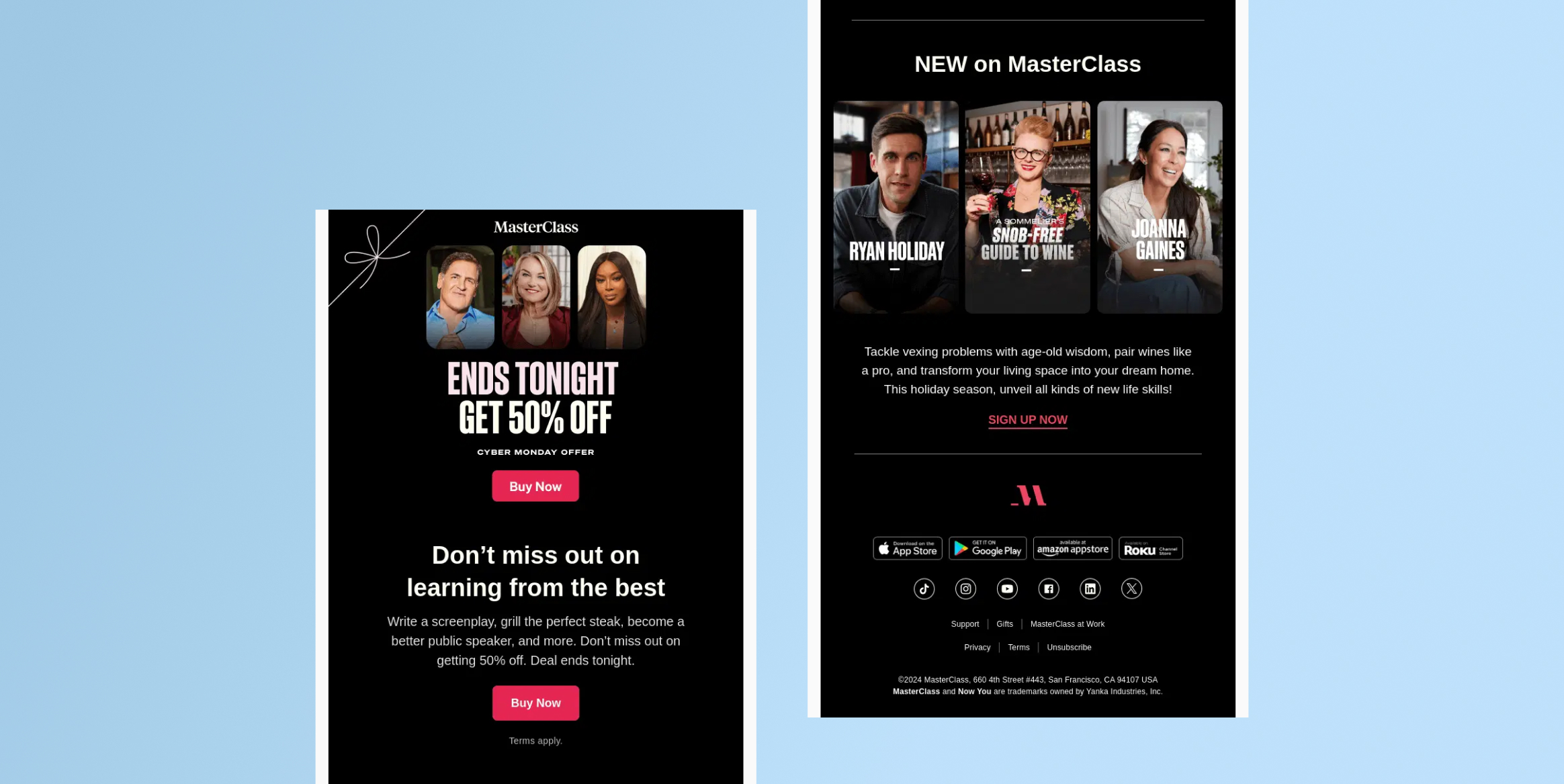 Two MasterClass promo cards on black backgrounds; left offers "Ends Tonight: Get 50% Off" with host photos, right teases new courses with three hosts and a signup line - Cyber Monday Email Example