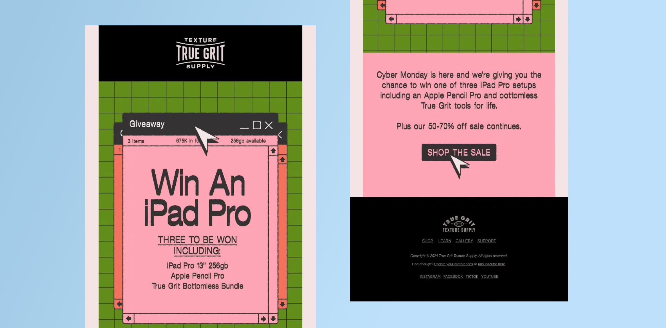 Two-panel ad: left shows 'Win An iPad Pro' promotion on pink page with a green grid; right panel has Cyber Monday sale text on pink background - Cyber Monday Email Example