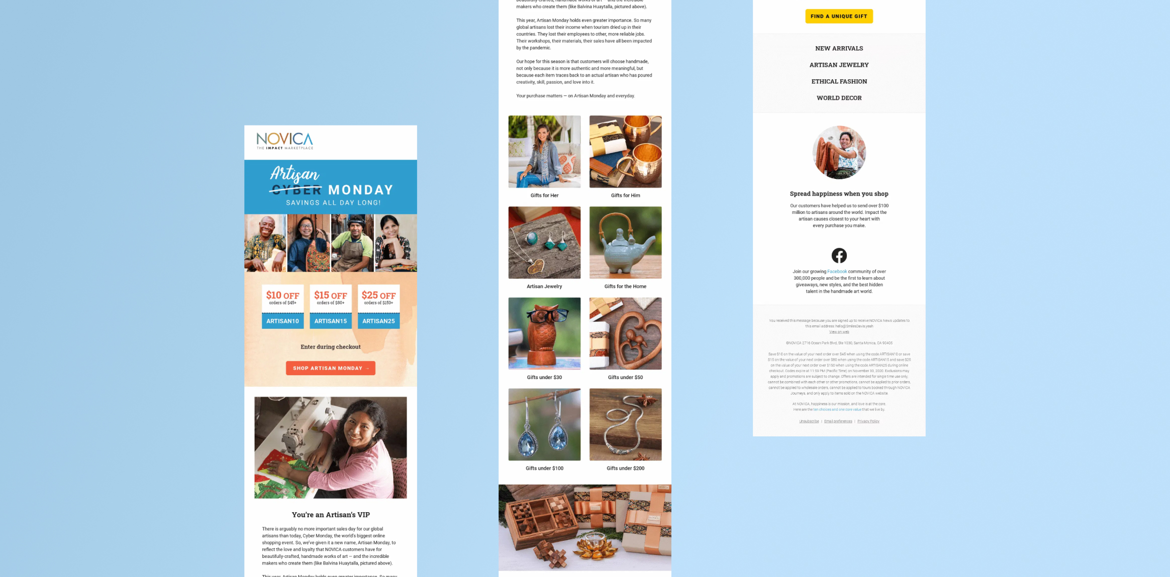 Promotional collage with a Cyber Monday flyer on the left, a grid of gift thumbnails in the center, and a 'Find a unique gift' newsletter on the right against a blue background.