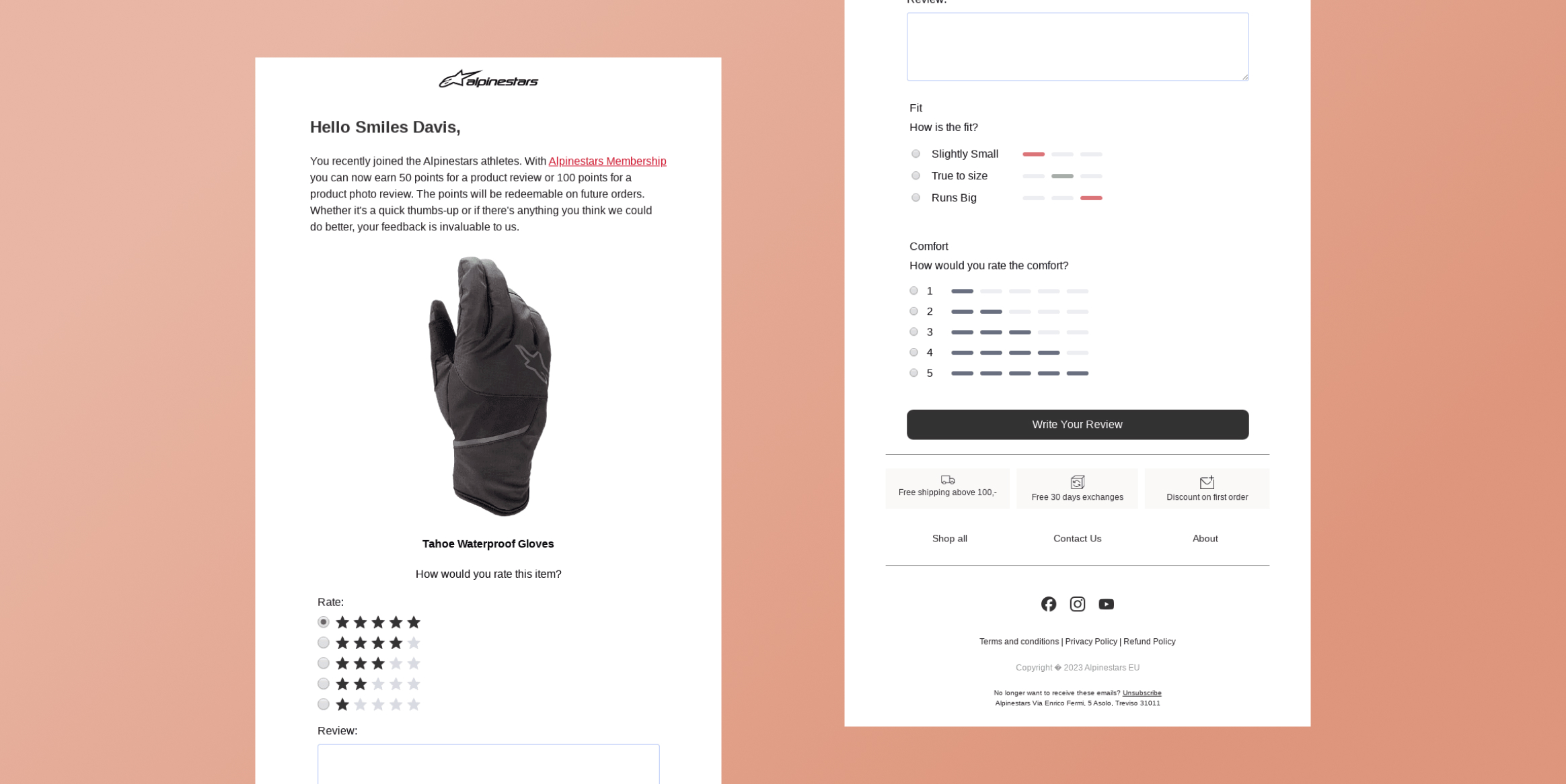 Mockup of a product page showing Tahoe Waterproof Gloves with a gloved hand image on the left and a customer review form on the right.Alpinestars post purchase replenishment email - Triggered Email Example