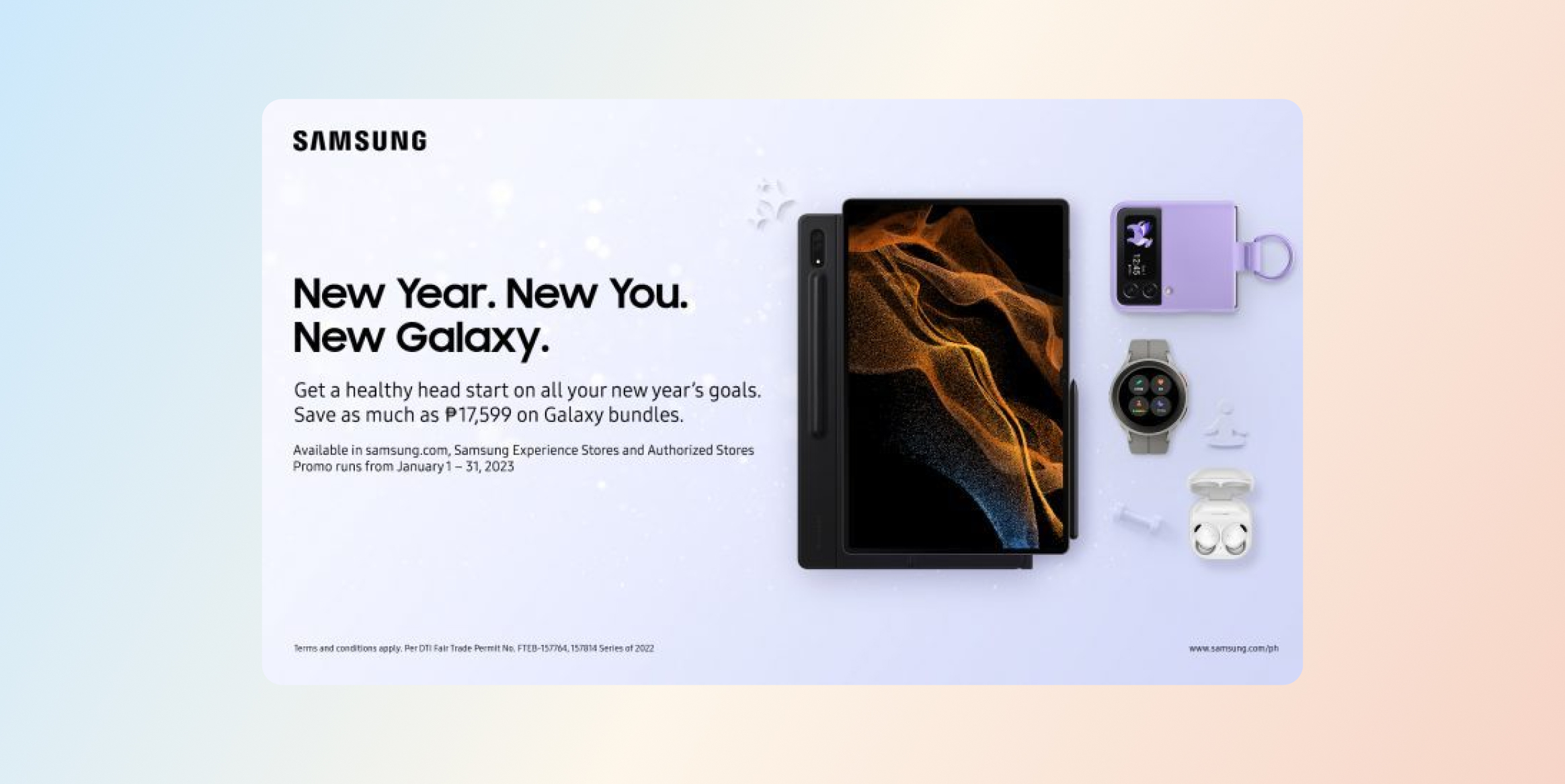 Samsung promotional banner showing the headline 'New Year. New You. New Galaxy.' with a tablet and Galaxy accessories (watch, purple device, earbuds) on a pale lavender background.