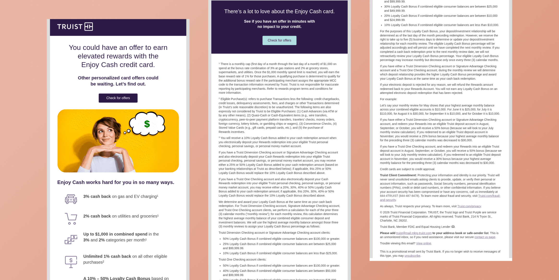 Three-panel marketing email about Enjoy Cash rewards; left panel shows offer headline and a 'Check for offers' button with a photo of a woman thinking.Truist Loyalty milestone email - Triggered Email Example