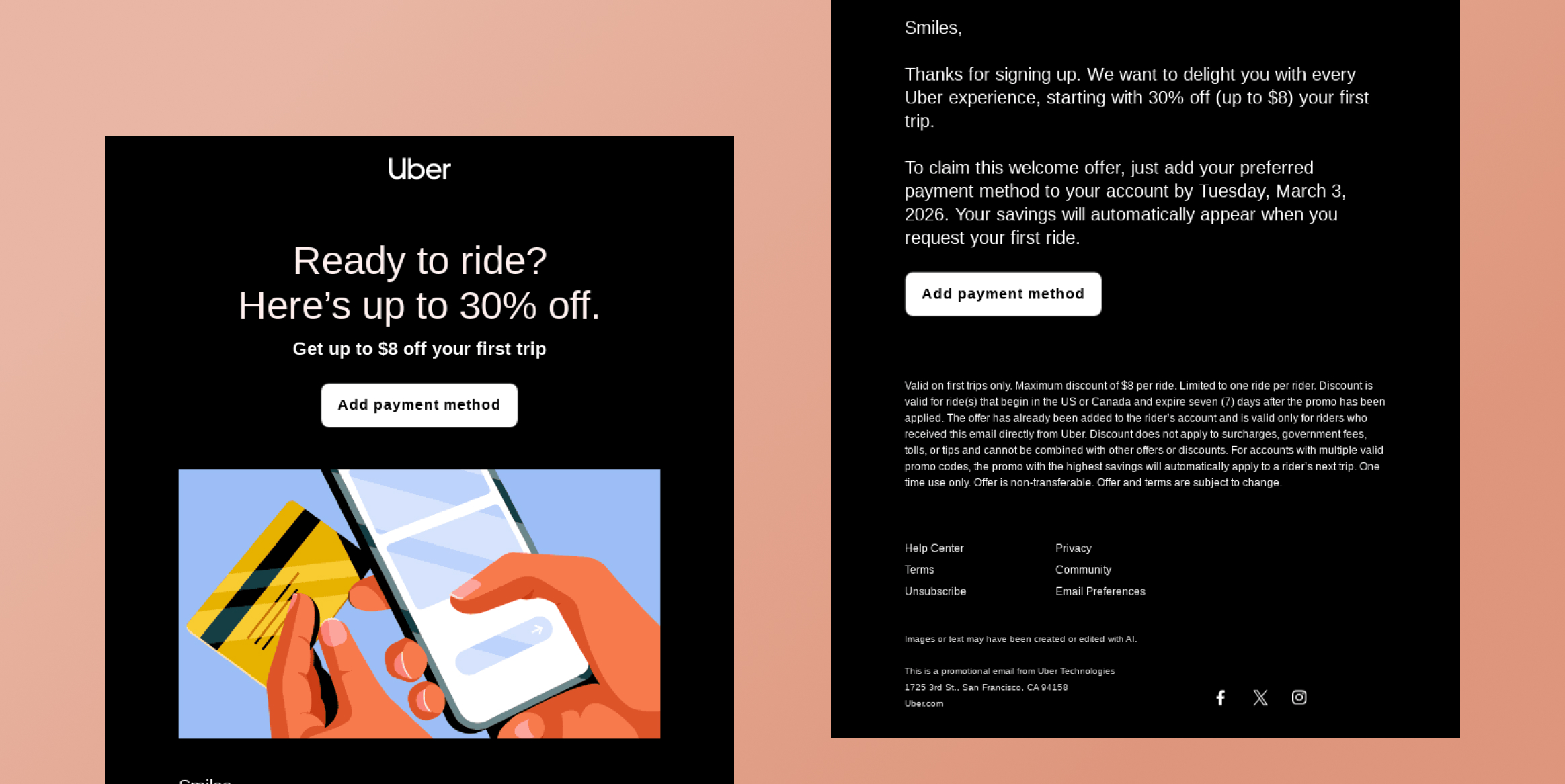 Uber promo email with a black panel: 'Ready to ride? Here&rsquo;s up to 30% off' and an 'Add payment method' button; illustration shows hands using a phone and card for payment.Uber inactivity win back email - Triggered Email Examples
