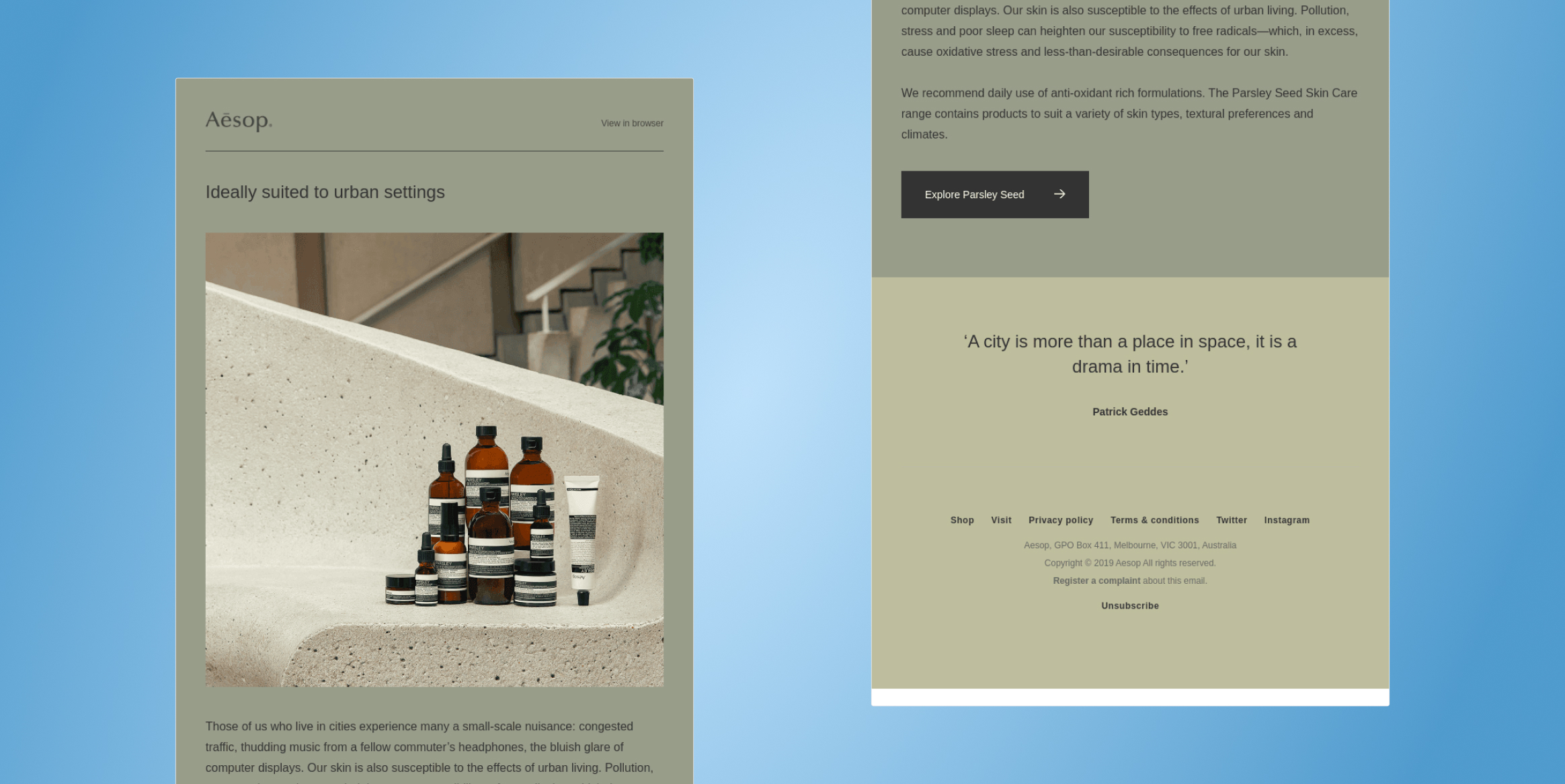 Left: Aesop webpage mockup with skincare bottles on concrete stairs and 'Ideally suited to urban settings' headline; right: text blocks and a dark 'Explore Parsley Seed' button on khaki panels.