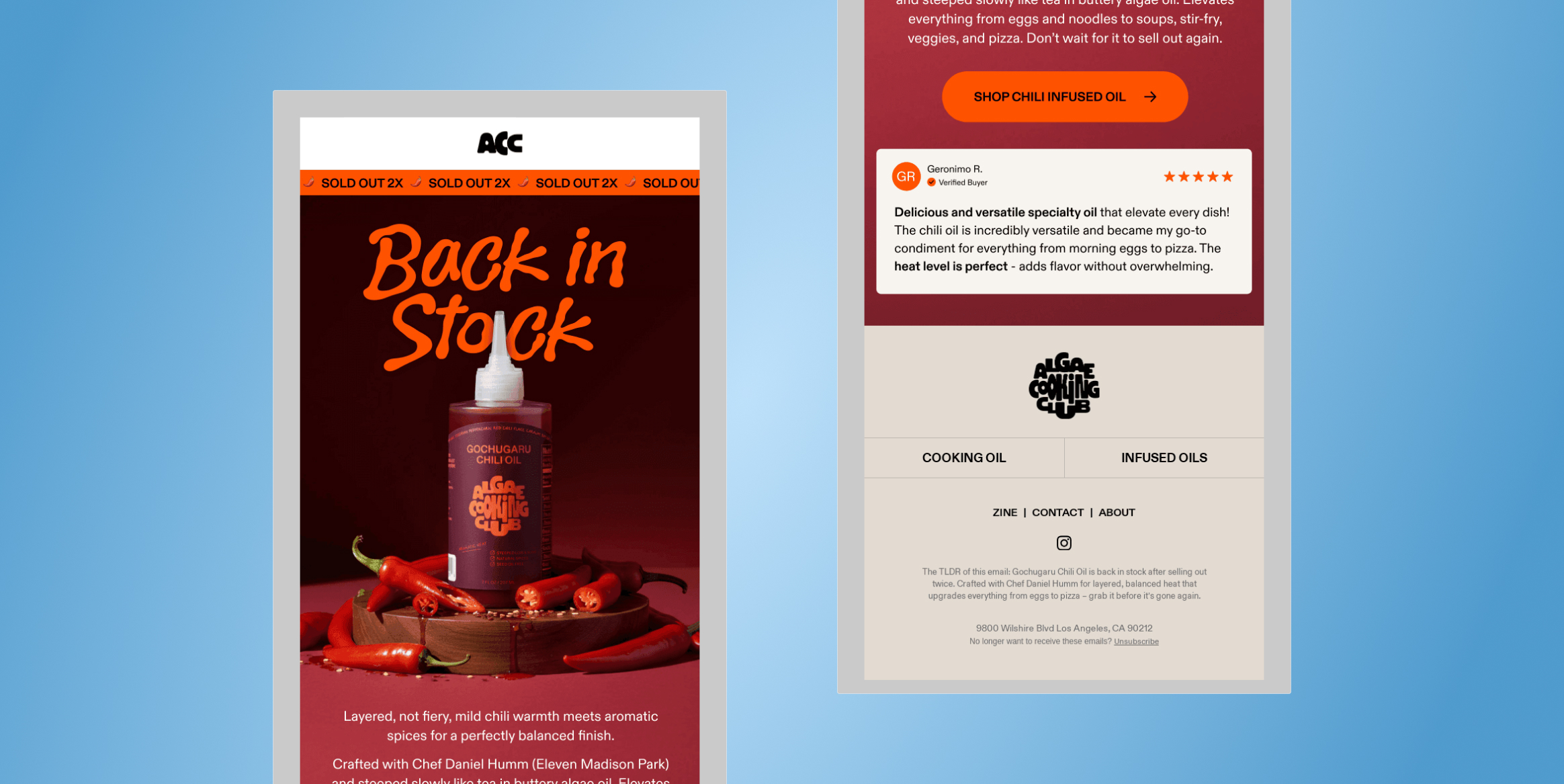 Promotional collage showing a chili oil bottle with the bold orange 'Back in Stock' headline on the left screen. on the right: a red background with a review card and product tabs.