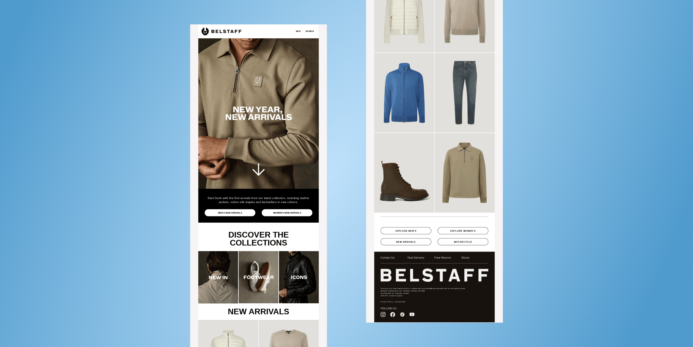 Belstaff homepage hero: tan quarter-zip sweater with 'New Year, New Arrivals' and a down chevron (left) with a product grid on the right.