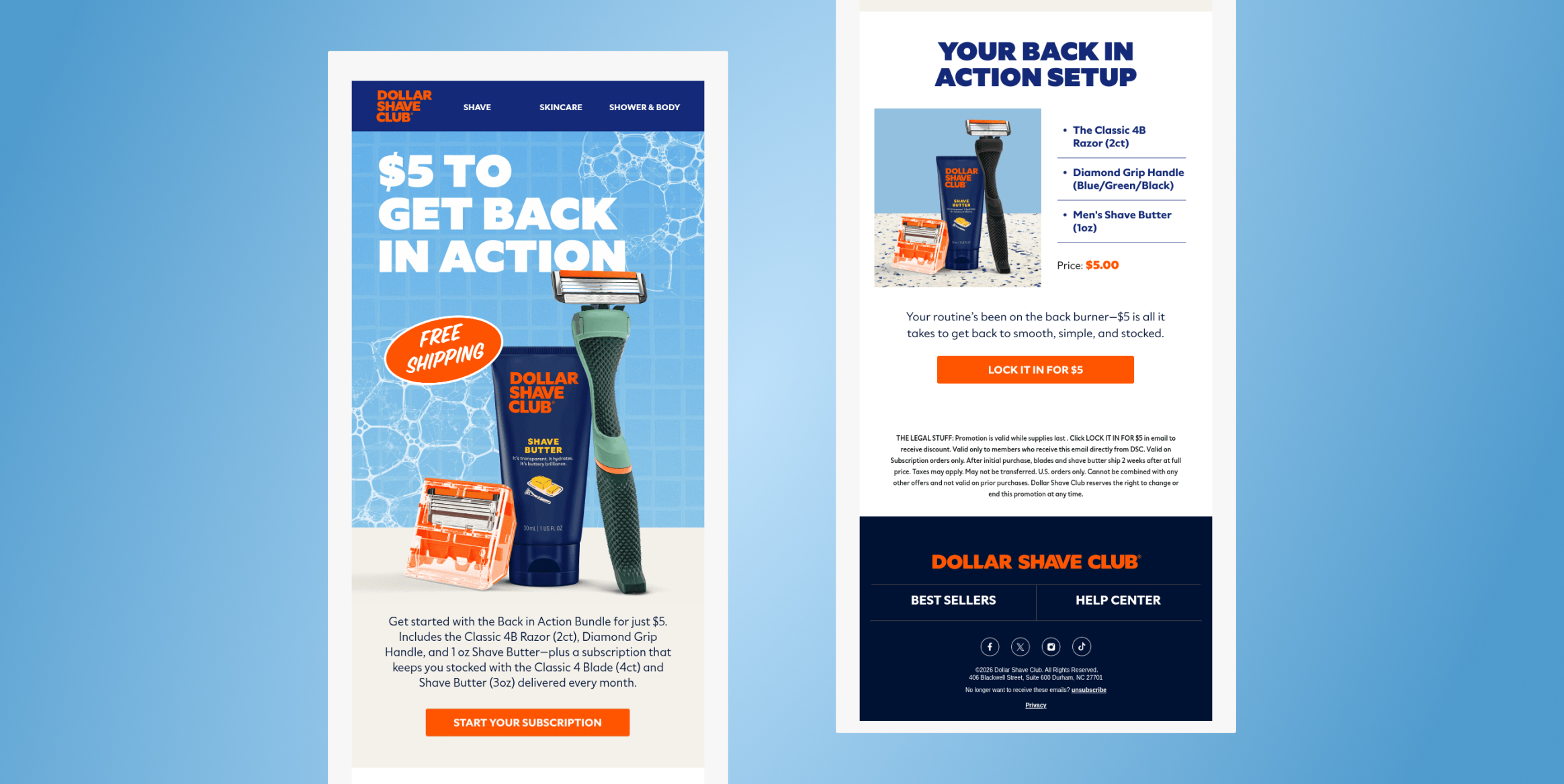 Two side-by-side Dollar Shave Club promotional layouts: left with a blue ad and big '5 to get back in action' text, right with product image and 'Lock it in for $5' CTA.