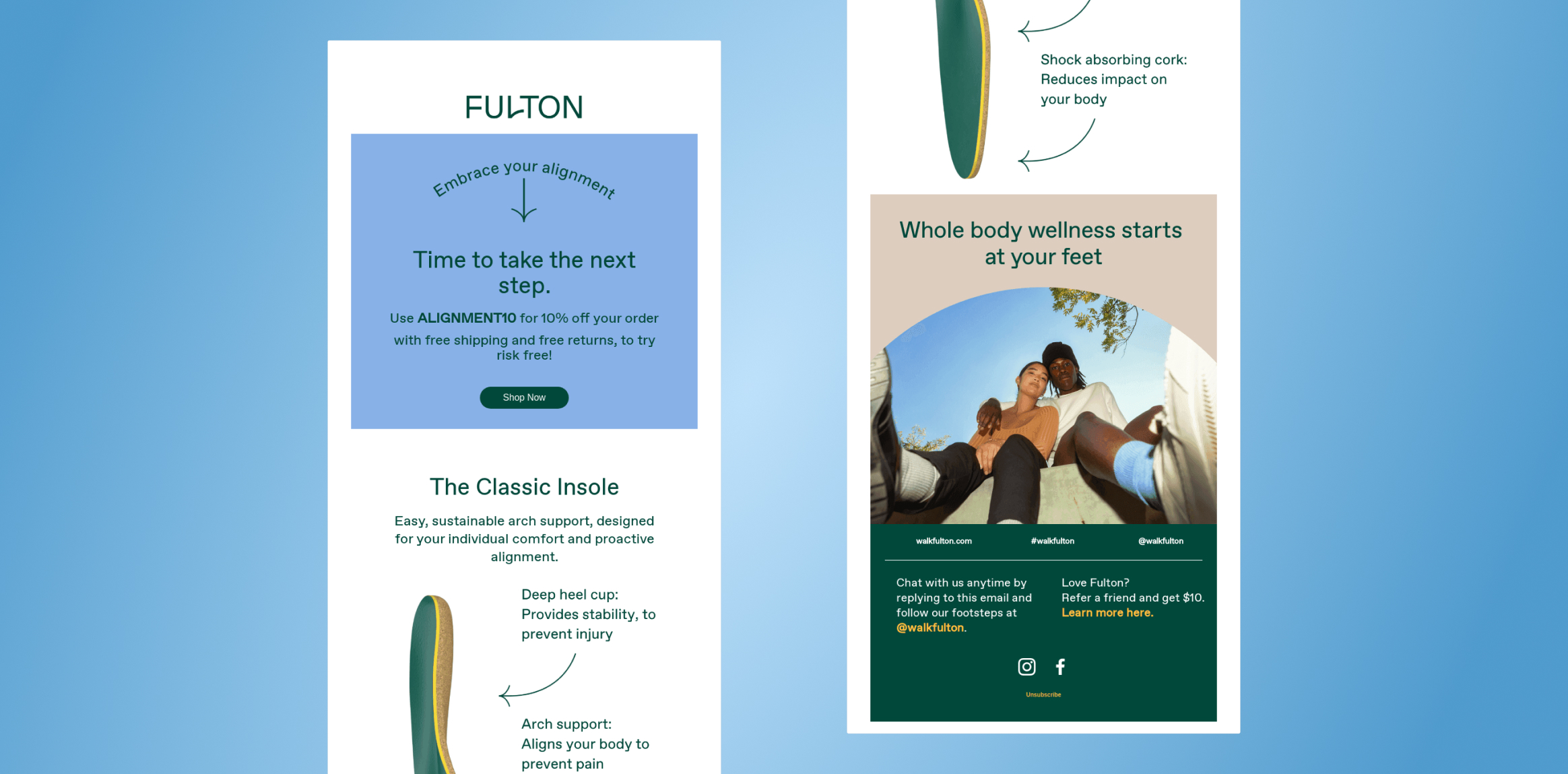 Two vertical Fulton ads on a blue gradient background: left panel promoting an insole with 'Time to take the next step' text; right panel features 'Whole body wellness starts at your feet' and a curved arc image with a person wearing shoes at the bottom.