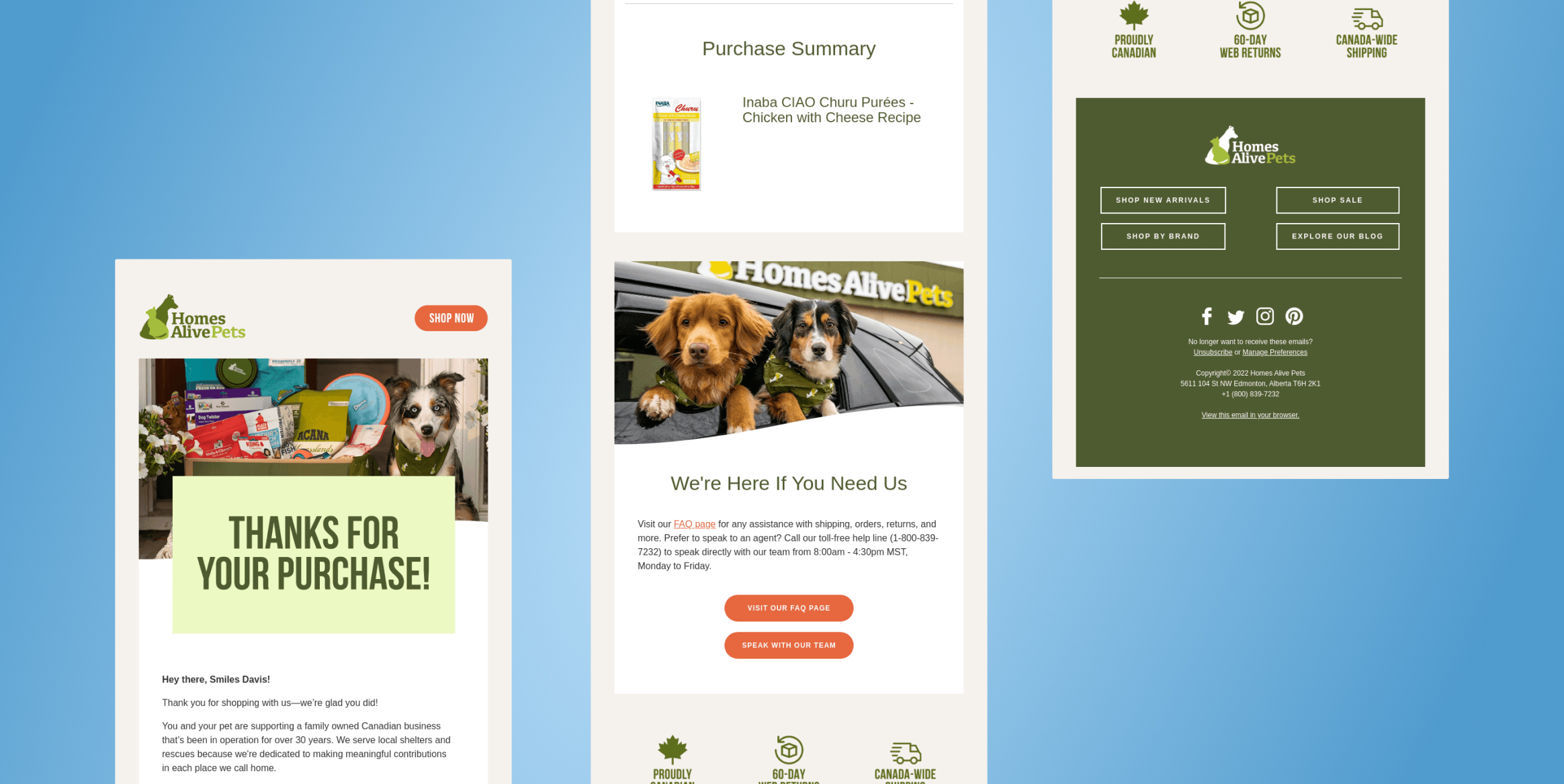 Triptych web-page mockups: purchase summary, product image, and contact info from Homes Alive Pets site on a blue background.