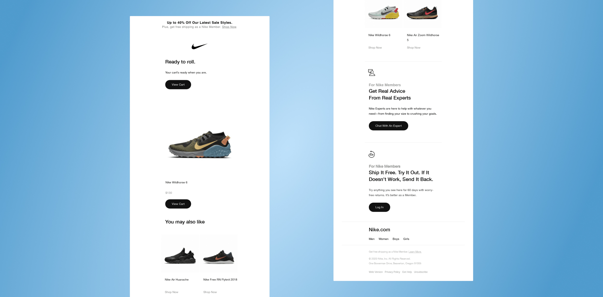 Nike product page split view: left column shows a white panel with 'Ready to roll' and a Nike Wildhorse 6 shoe image below, plus a 'View Cart' button and price.