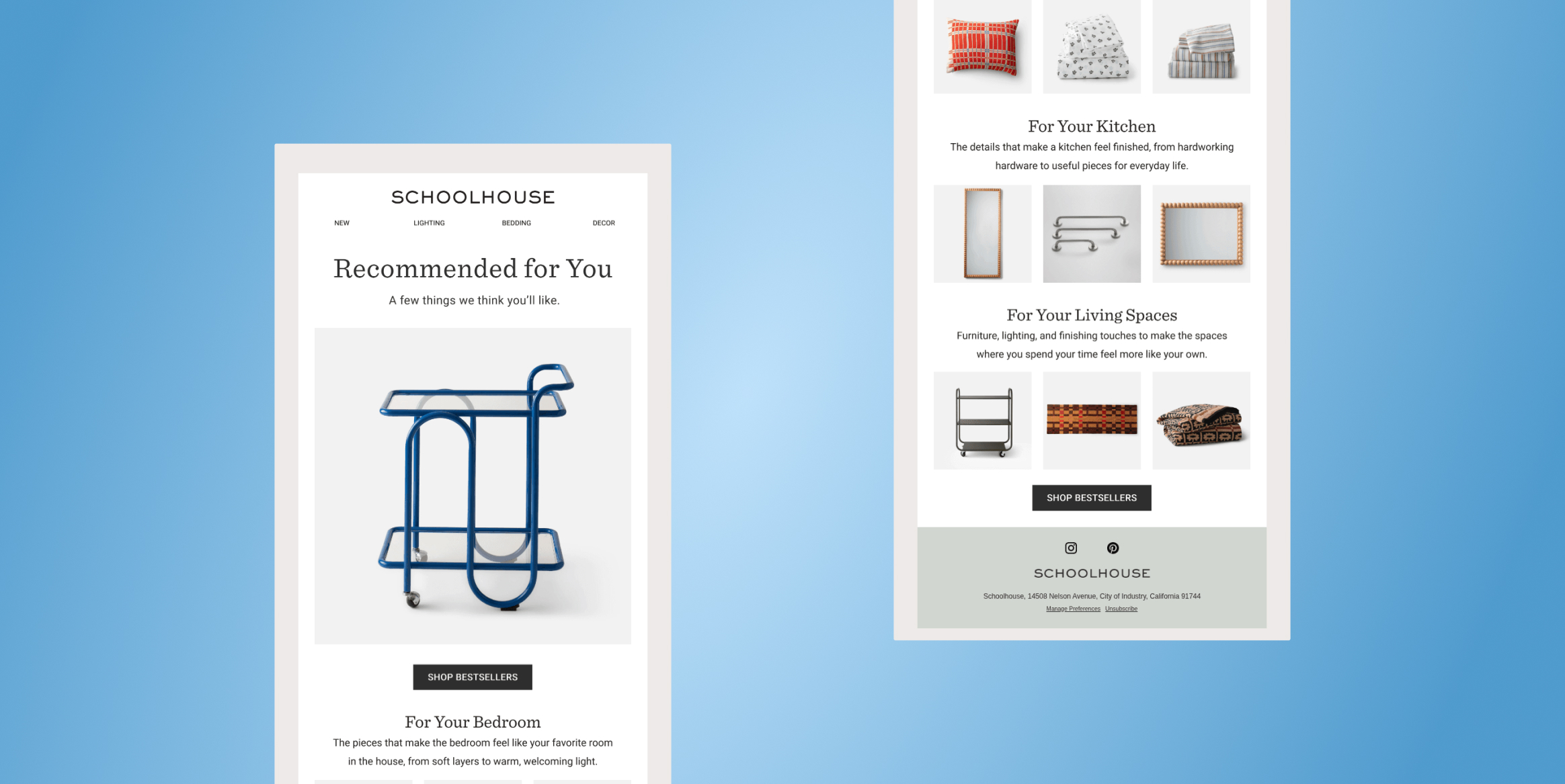 Email layout showing 'Recommended for You' with product image of a blue cart and 'Shop Bestsellers' button.