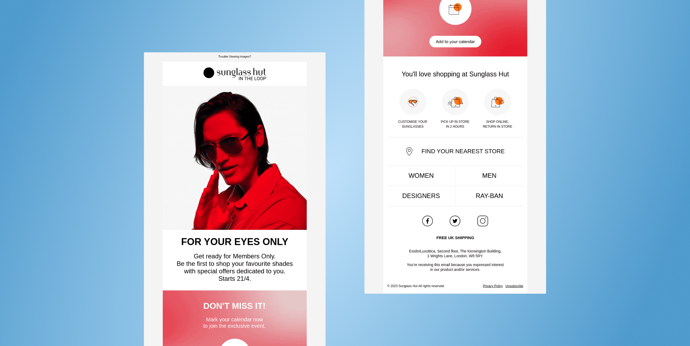 Two vertical ad panels on a blue gradient background: left panel shows a red-tinted portrait of a model wearing sunglasses; right panel contains Sunglass Hut store info, categories, and icons on a white card layout.